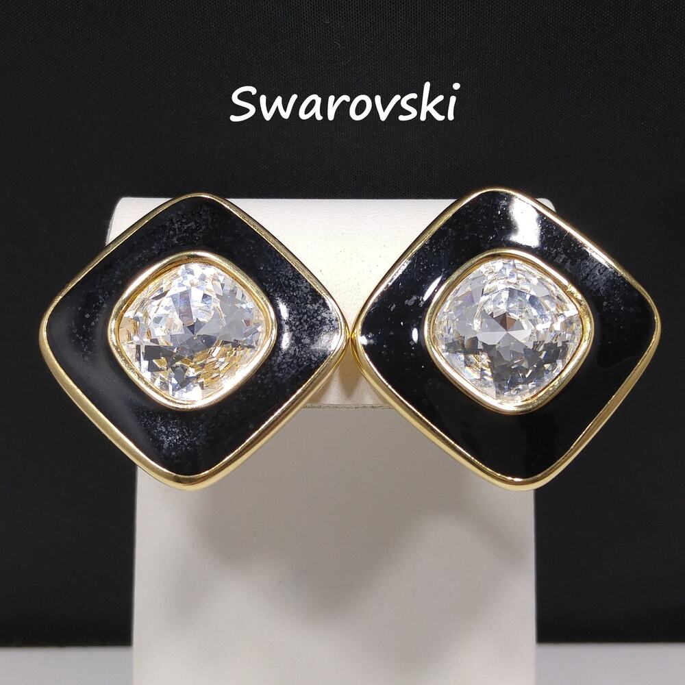 Swarovski S.A.L. Earrings, Clear Crystal & Black Enamel, Vintage